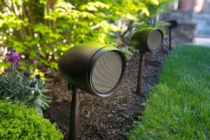 Outdoor audio speakers in the landscaping